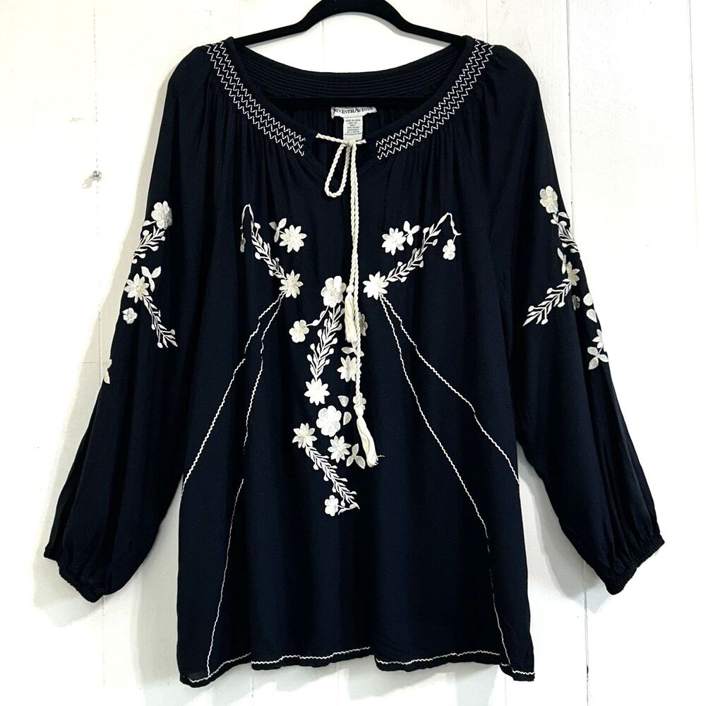 Seventh Avenue Rayon Black Cream Embroidered Top Size XL Boho Peasant Blouse Top